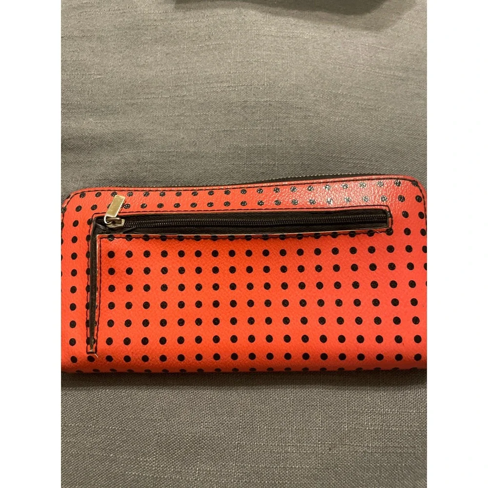 Fossil Logan Zip Around Clutch Wallet Coral Orange Black Polka Dot PVC